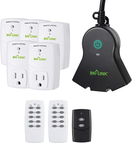 BN-LINK Mini interruptor de salida de control remoto inalámbrico Enchufe de alimentación (2 controles remotos+5 salidas) y resistente control remoto