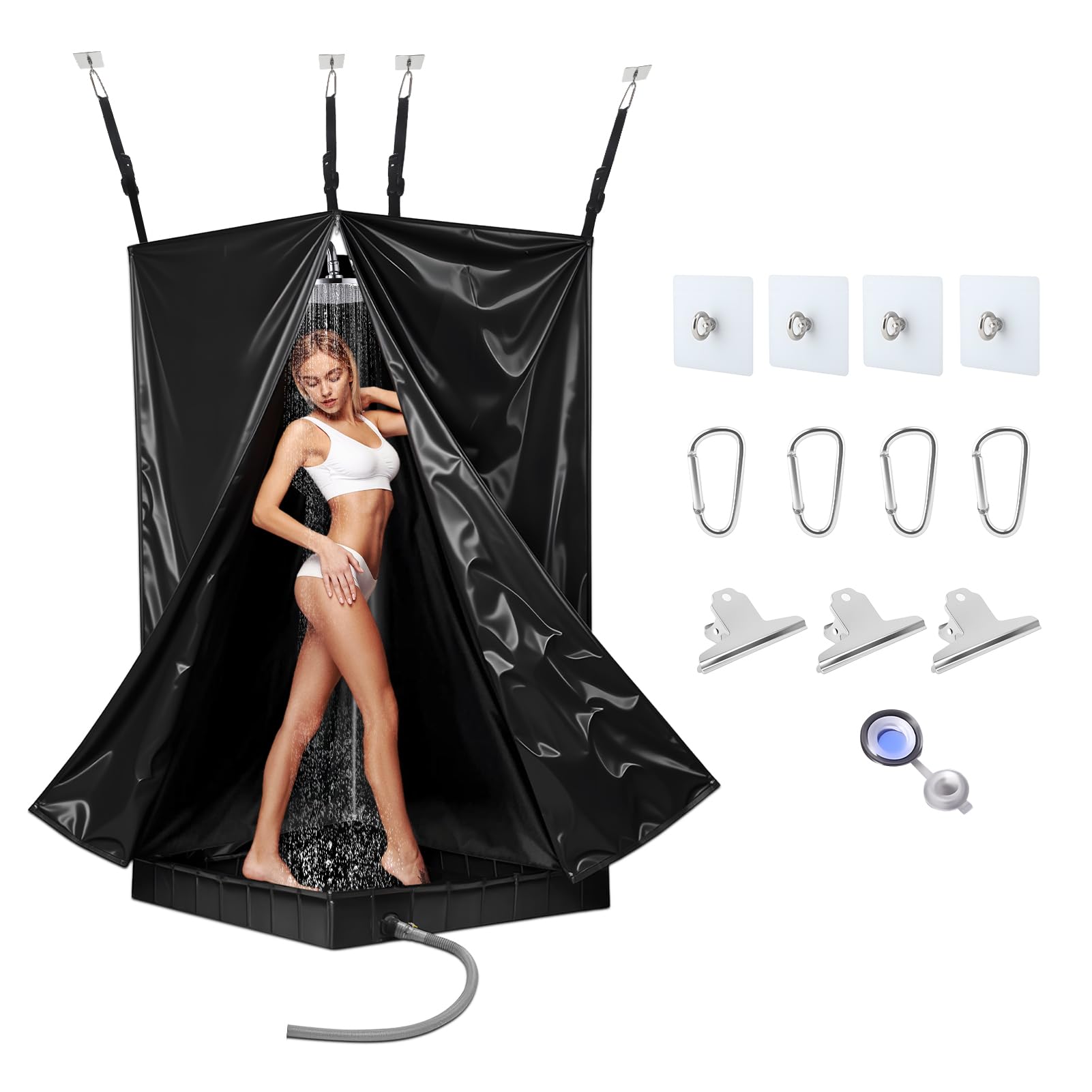 Tienda de campaña de ducha portátil grande y base de ducha plegable con drenaje inferior de silicona y tubo de drenaje y clips resistentes al viento, bandeja de ducha con tienda de privacidad para RV
