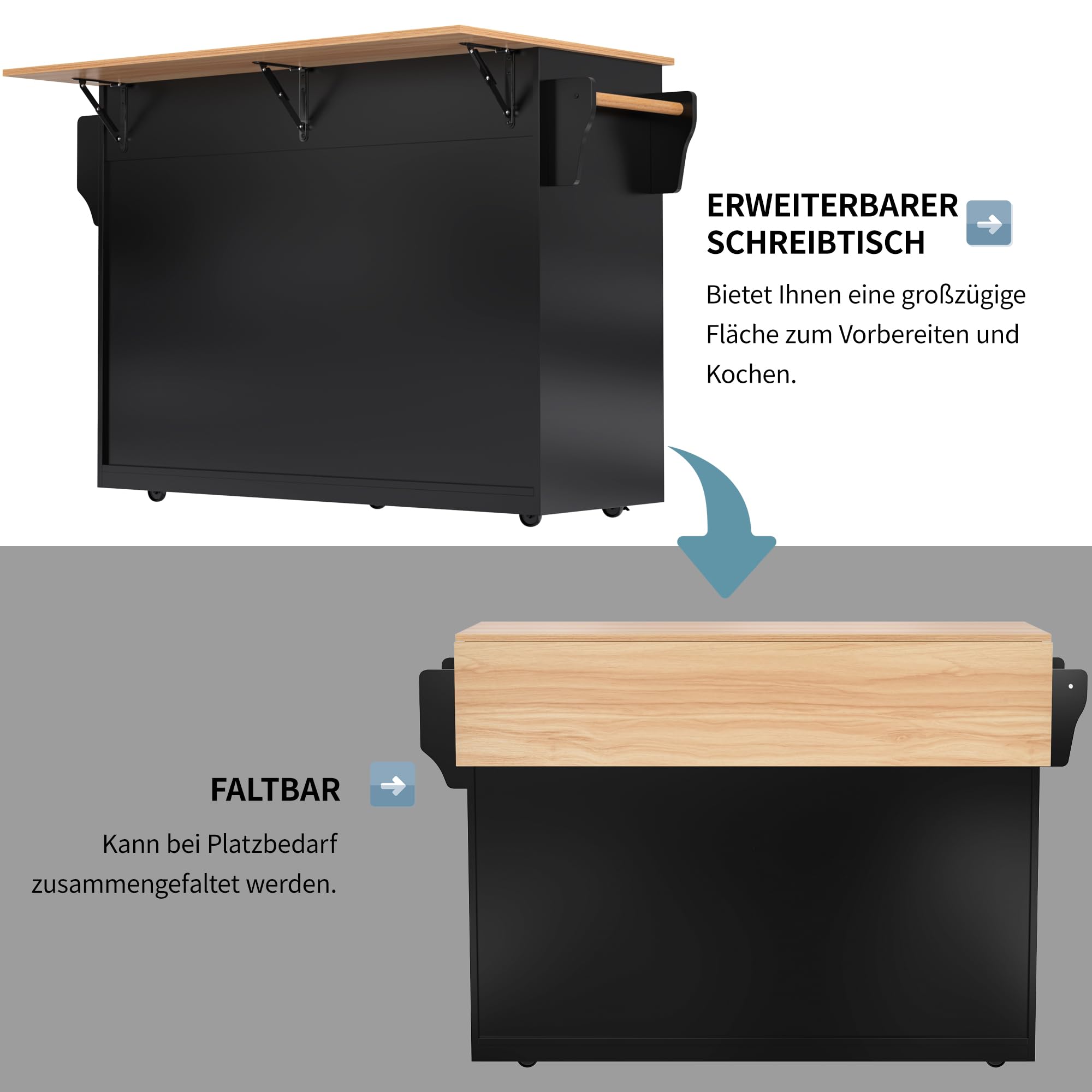 KAZZIO Servierwagen mit klappbarer Tischplatte, 120x46(70) x91cm, mit Rollen und austauschbaren Holzbeinen, ideal für Küche und Esszimmer (Schwarz)