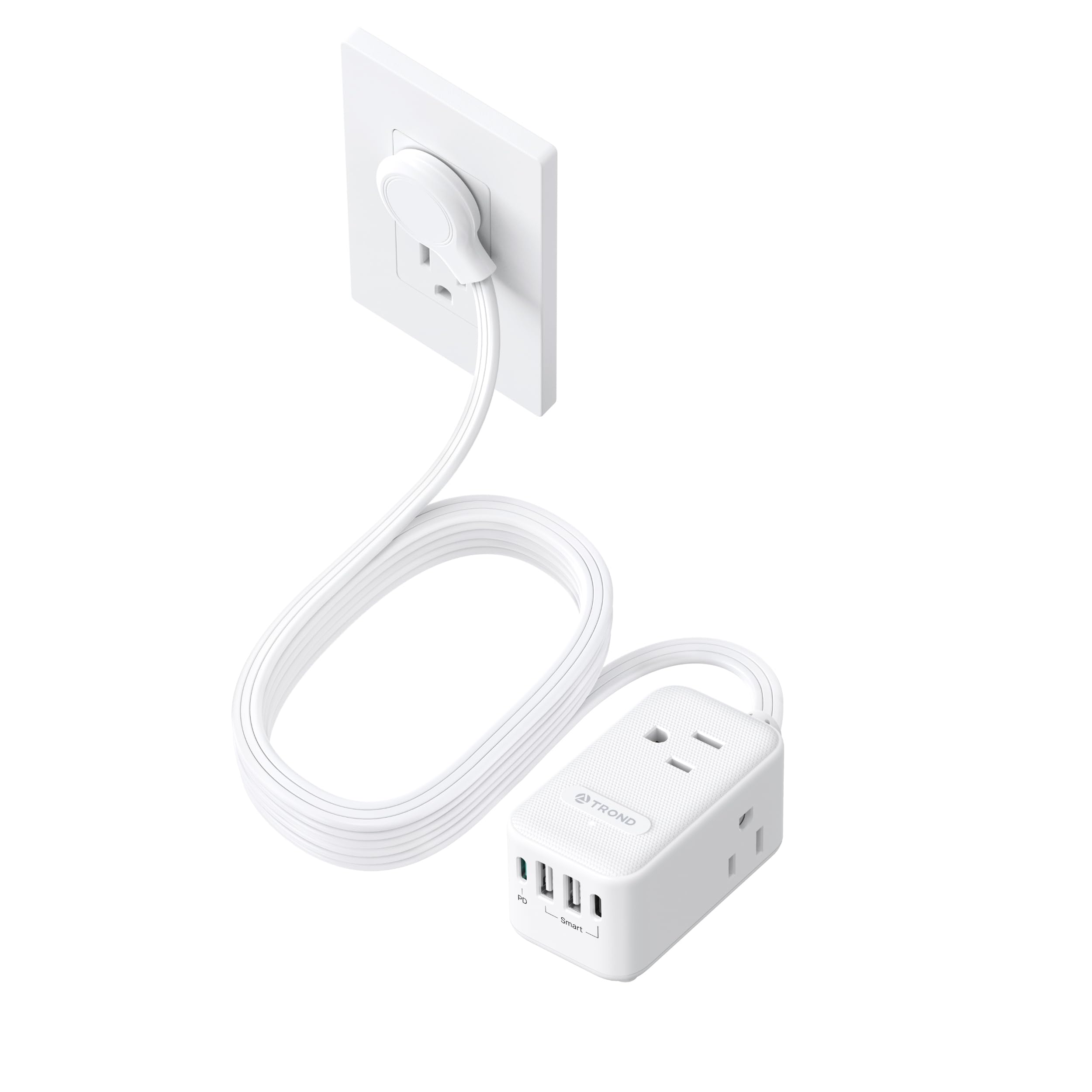 TROND 20W USB C Travel Power Strip - Ultra Thin Flat Plug Small 10ft Long Extension Cord Wall