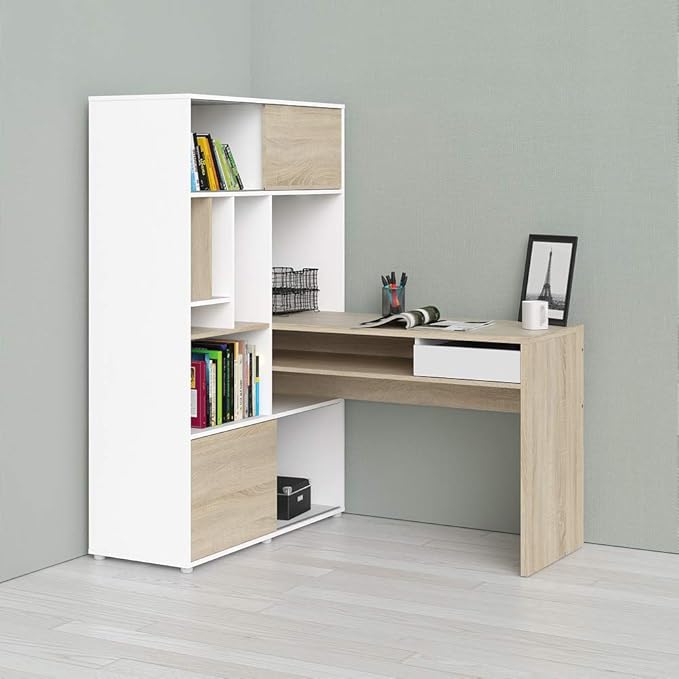 Dmora Bureau d'angle avec bibliothèque, coloris blanc et chêne, 100 x