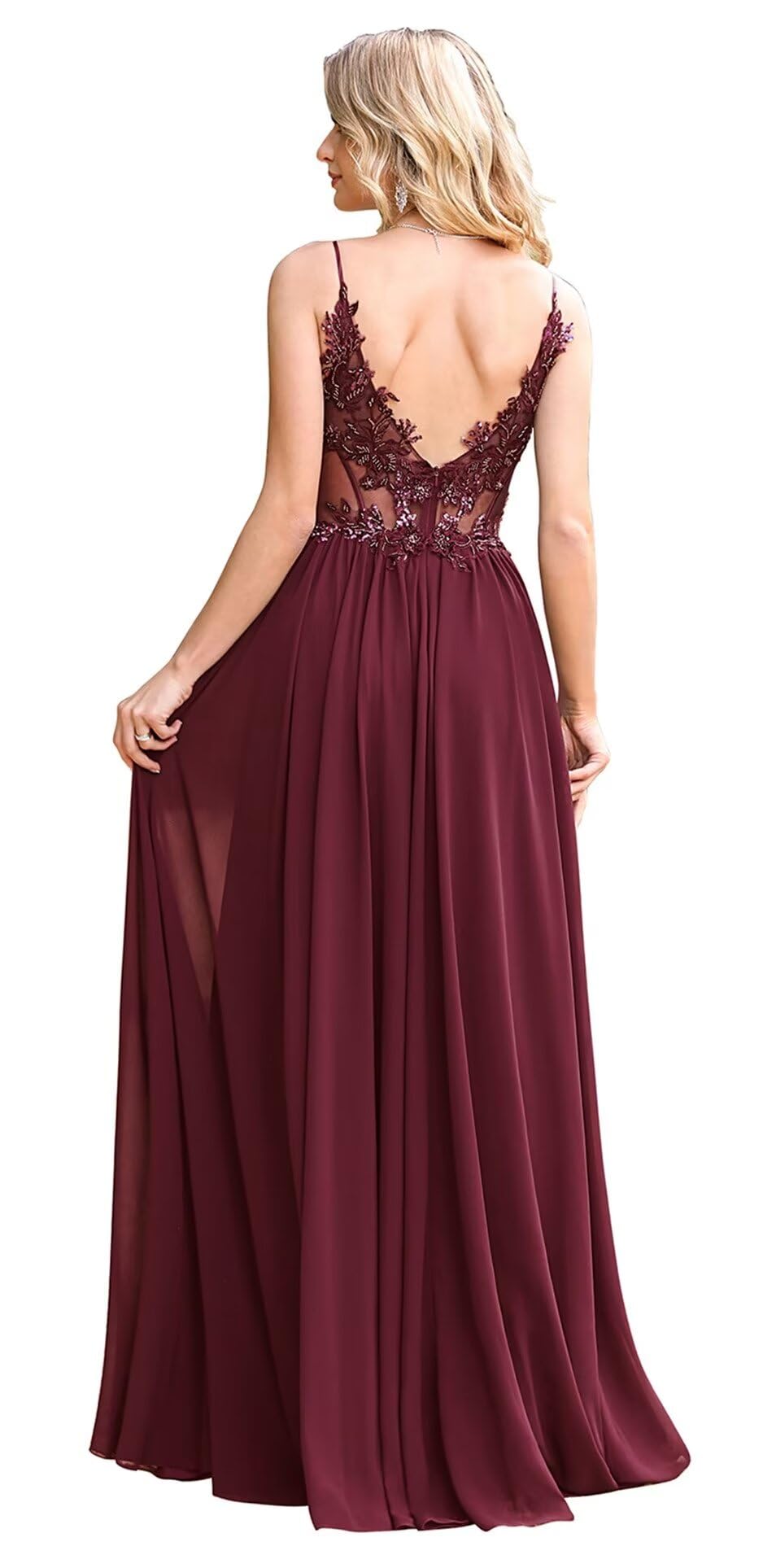 Misshow Luxuriöses Abendkleid für Zeremonie, lang, Pailletten, Perlen, mit Applikationen aus floralem Chiffon