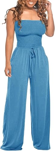 Enterizo de verano para mujer, sin tirantes, con hombros descubiertos, con cordón, pierna ancha, pantalones largos