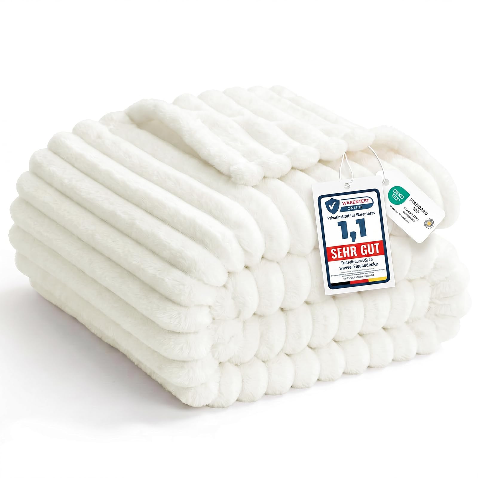 Wavve Women's Off White Sofa Throw Fleece Blanket, Fluffy Cosy Soft Warm Cream Striped Throw For Bed, Couch, White, Single Size, 130X150 Cm