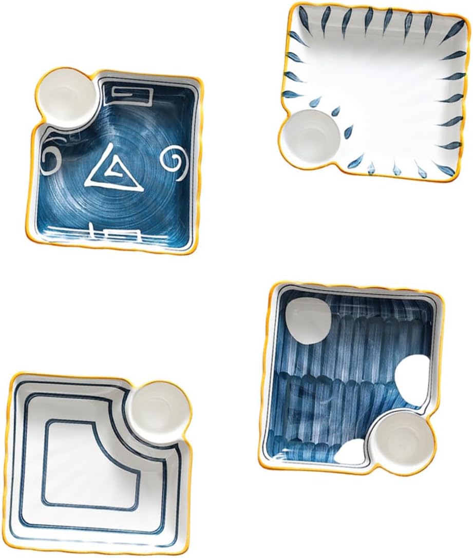 BESPORTBLE 4 Pcs Ceramic Sushi Plates and Dipping Trays Set, Square Colorful Porcelain Serving Plates for Appetizers and Breakfast, Japanese Style Tableware for Home Kitchen Random Color