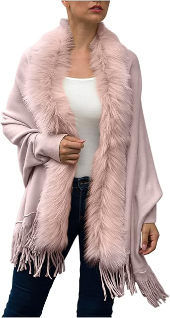 Oplxuo Womens Faux Fur Collar Cardigan Sweater Elegant Batwing Long Sleeve Knit Cape Tassel Shawl Open Front Outerwear Cloak