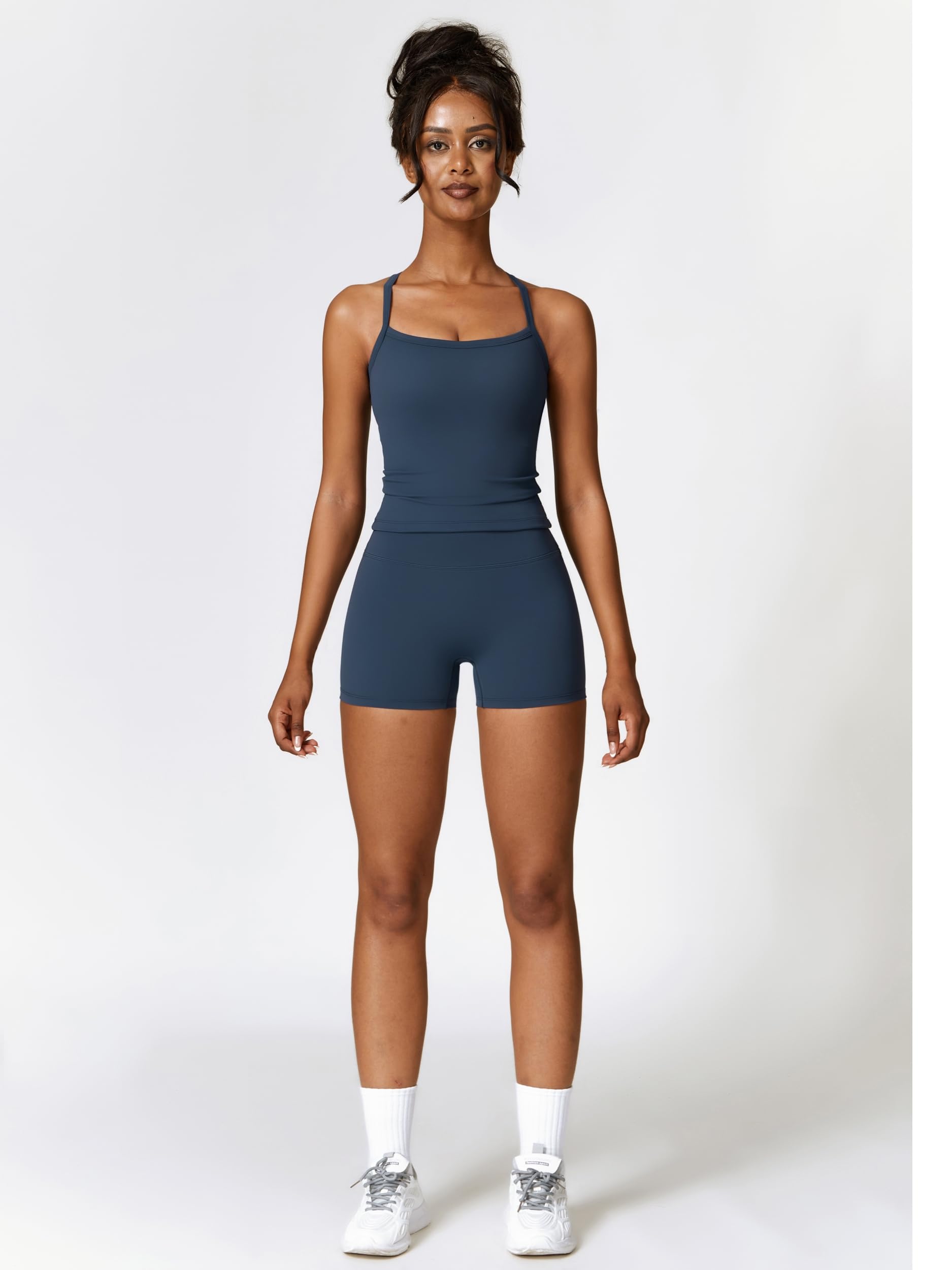 IDOPIP Tuta sportiva da donna in due pezzi per il fitness: spalline sottili, abbigliamento estivo con reggiseno imbottito e leggings a vita alta, set da palestra per yoga, pilates e allenamento