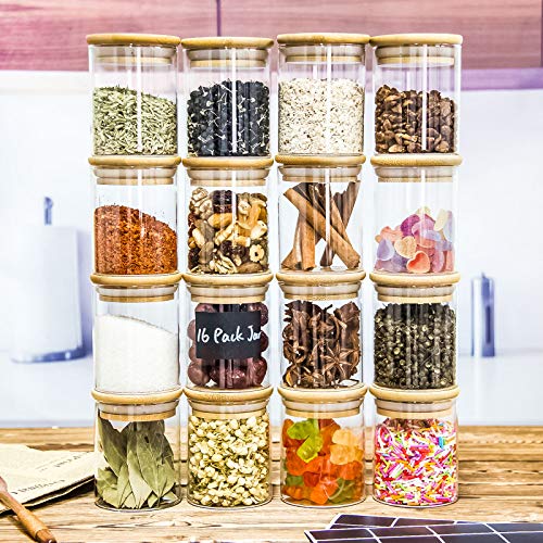 16 Pack Glass Jars With Lids, Bamboo Lids Spice Jars Set For Spice, Beans, Candy, Nuts, Herbs, Dry Food Canisters (Extra Chalkboard Labels) - 6.5 Oz Clear #TOP4