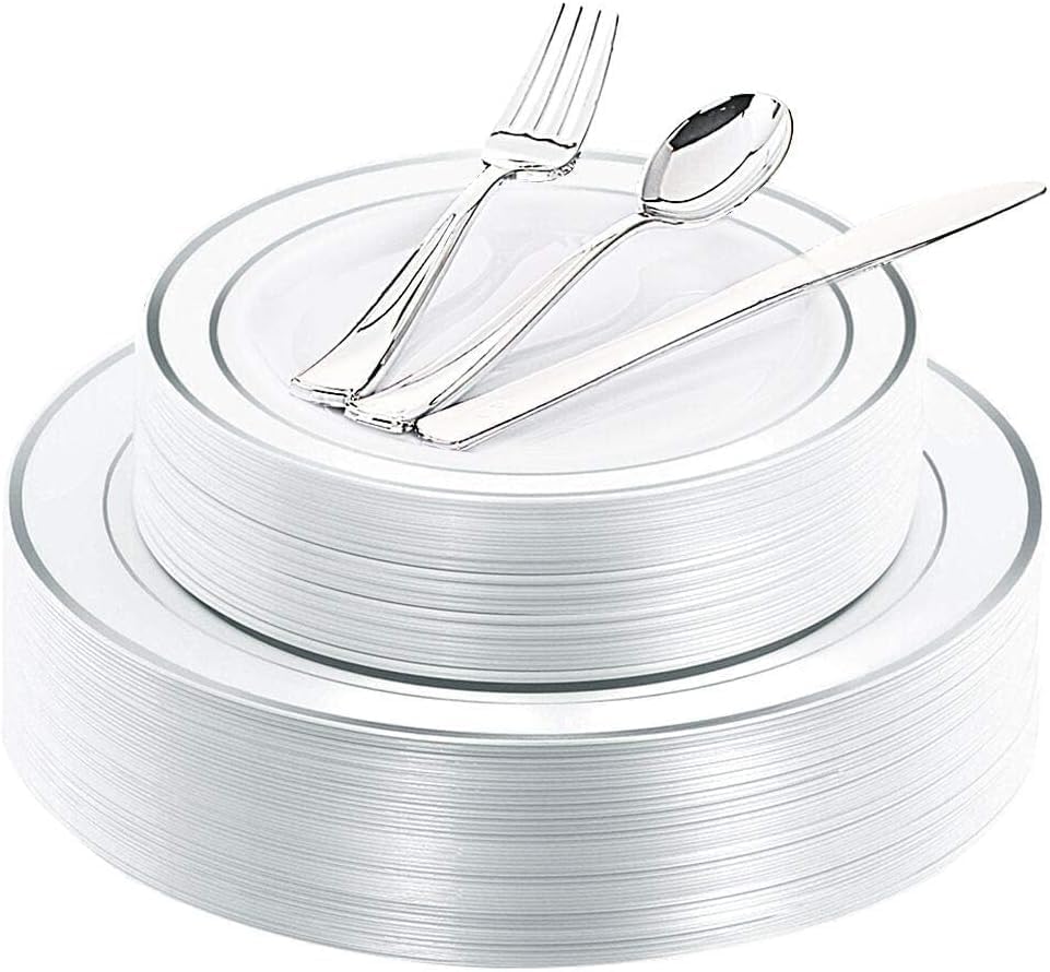 40Guest Silver Plastic Plates with Silverware - White Plastic Plates with Silver Rim, Dinnerware Sets Include 40 Dinner Plate, 40 Salad Plate,40 Forks, 40 Knives, 40 Spoons for Wedding Birthday