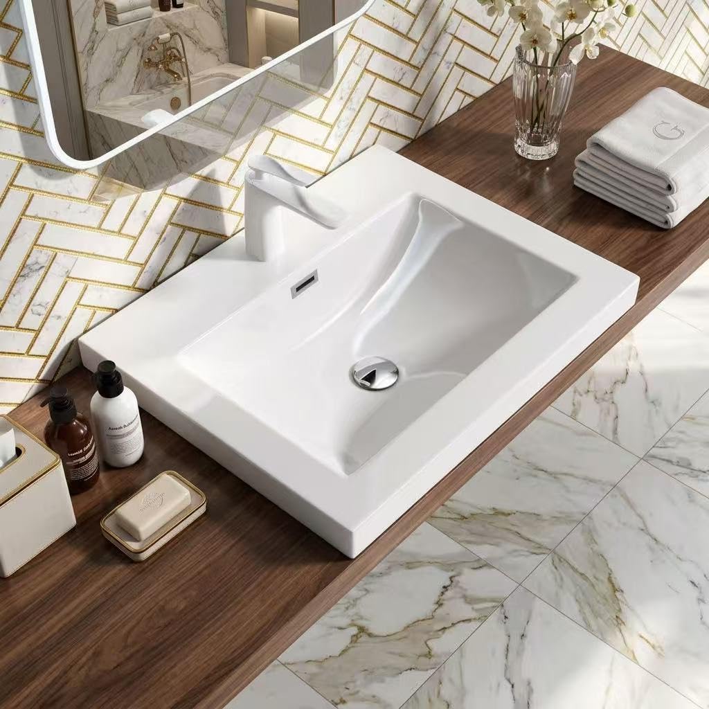 Db Durovin Bathrooms Glossy White Durovin Bathrooms Luxurious Stone Resin Bathroom Basin - Self Rimming Drop In Sink - Semi Recessed - One Tap Hole With Overflow (600 X 480Mm)