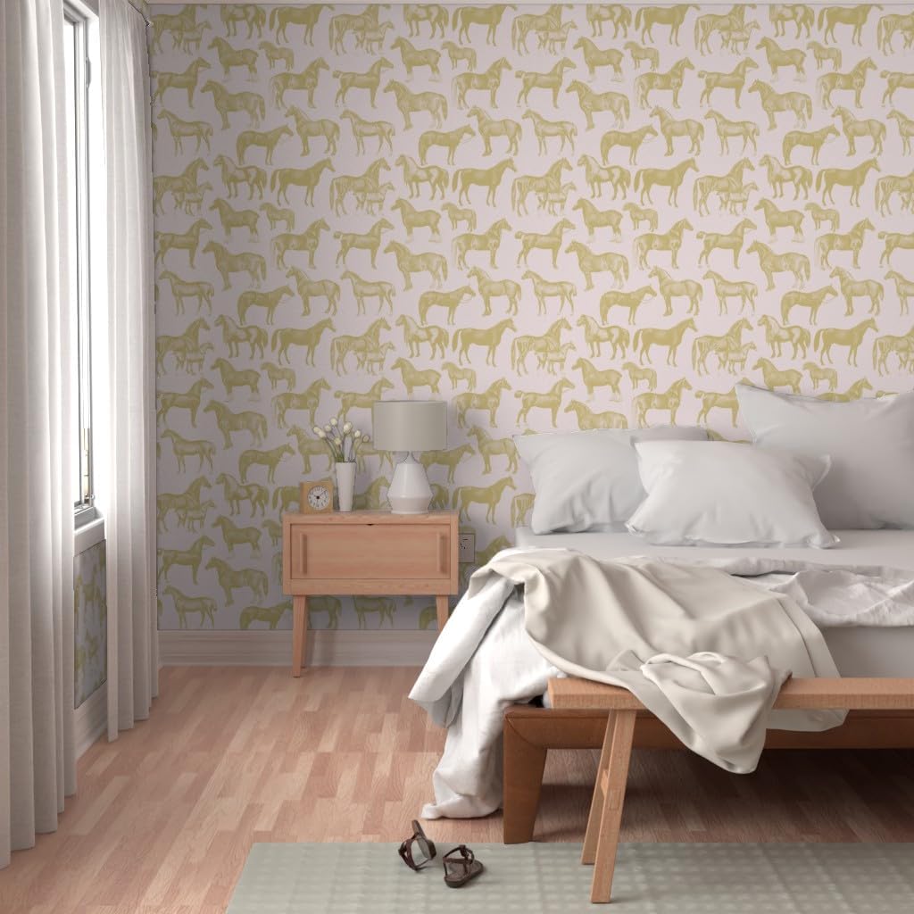 Peel & Stick Wallpaper 3ft x 2ft - Pink Gold Horses Horse Pony Equestrian Pattern Custom Removable Wallpaper by Spoonflower