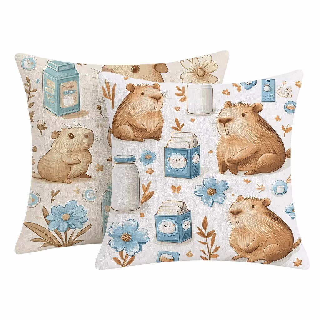 Housse coussin lin capybaras blanc finition haut de gamme avec fermeture eclair cachee