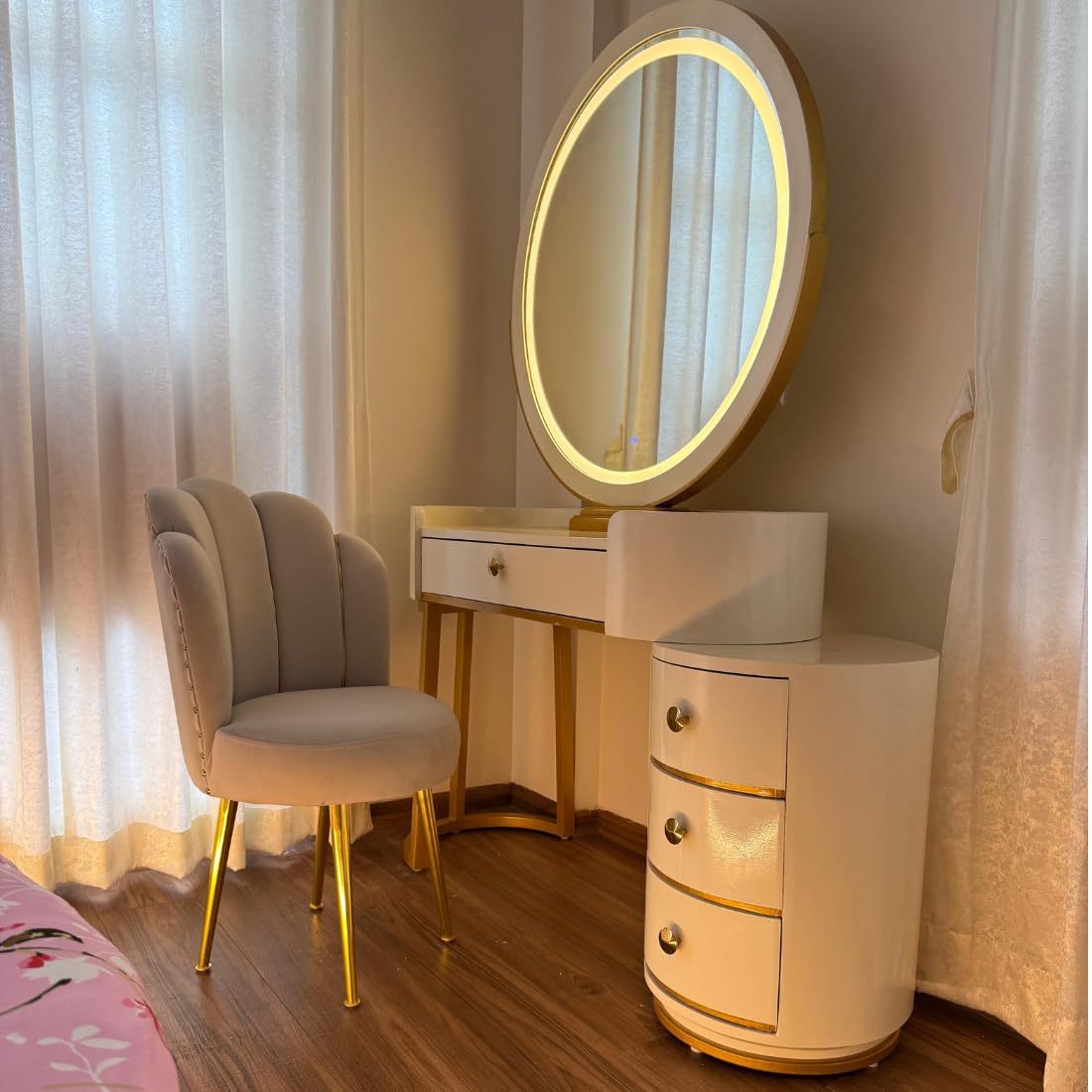 Taxzek Modern Makeup Desk | Dressing Table with LED Light Mirror | 4 Storage Drawers | Art Marble Design top White and Grey | Curved Luxury Golden ss Legs Chair-image-17