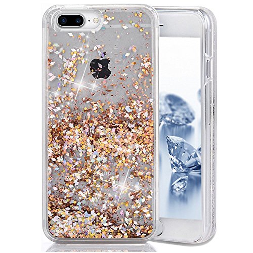 SUPVIN Bling Glitter Sparkle Shiny Liquid Phone Case for Girls Women Floating Bumper Cute Case with Rhinestone Diamond [TPU+PC] Compatible for iPhone 7 Plus/iPhone 8 Plus(Gold)