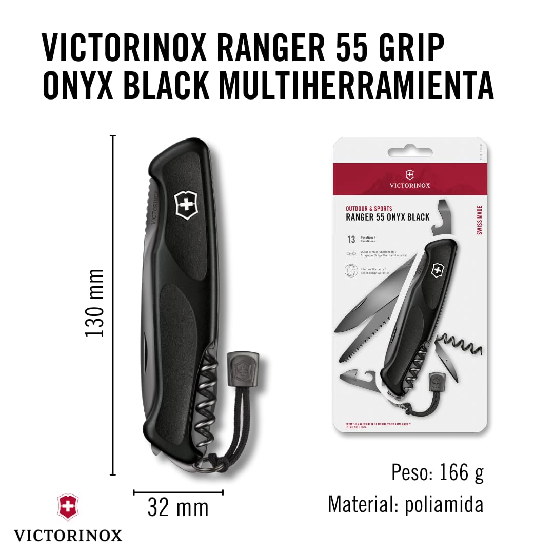 Victorinox Ranger Grip 55 Onyx Black, Navaja de 130 mm con 12 funciones, incluyendo hoja con bloqueo y sierra para madera, de color negro