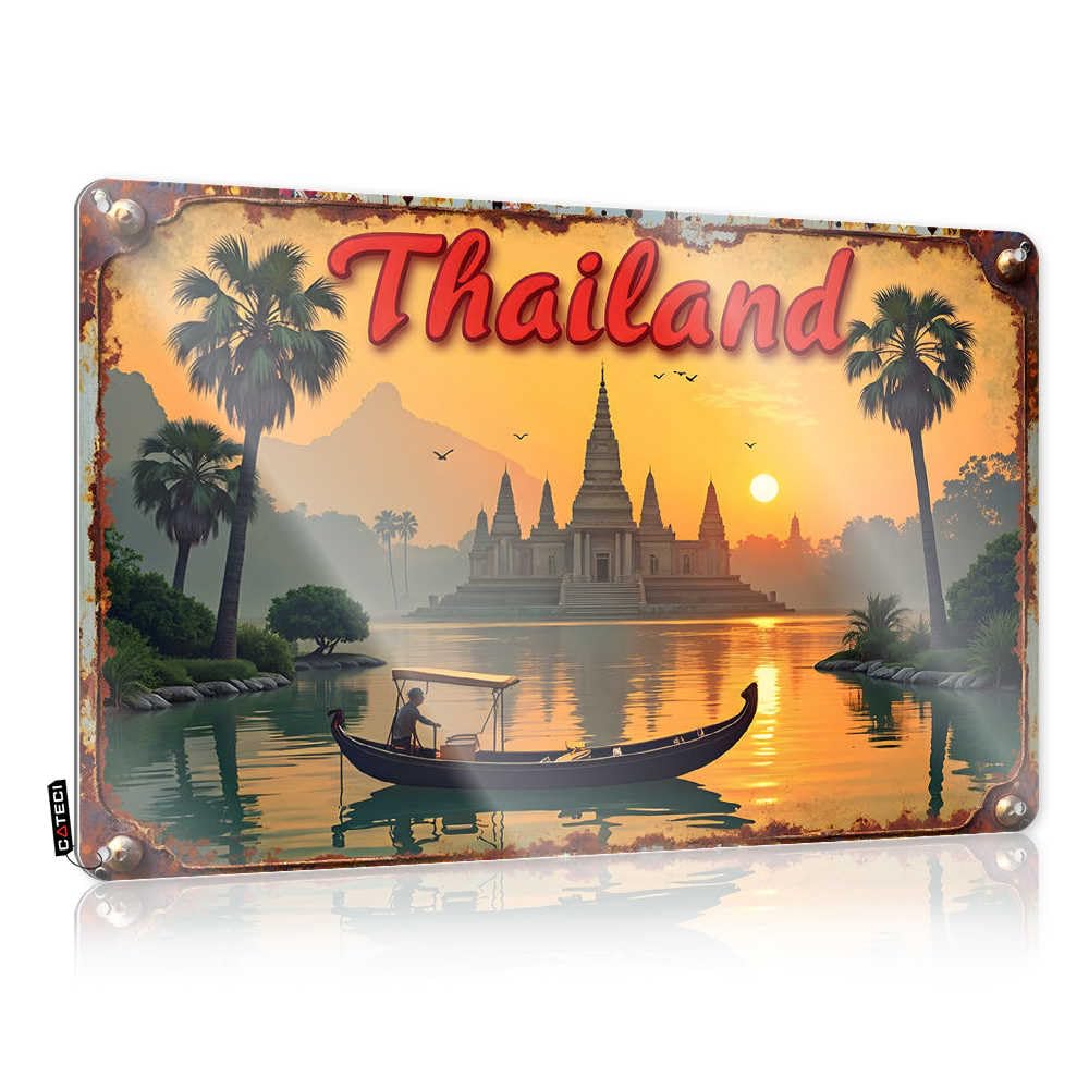 Fzfn Colour Posters Western Camping Decorations Haves Thailand Sunset Serenity: Boat Ride Amidst Palm Trees And Temples - Vintage Wall Decor For Kitchen Bar(20X30cm)