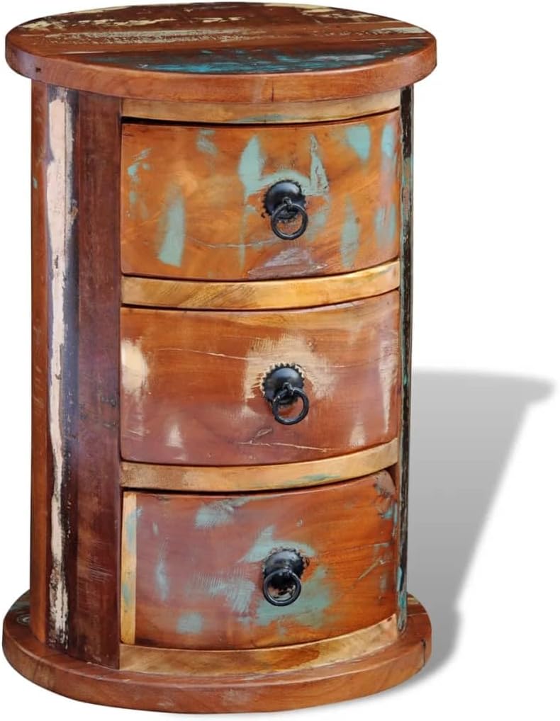Storage Cabinet Multicolored Reclaimed Solid Wood Iron Small 11.8 x 11.8 x 17.7 in Indoor Living Room Storage Cupboard with 3 Drawers for Home Organization