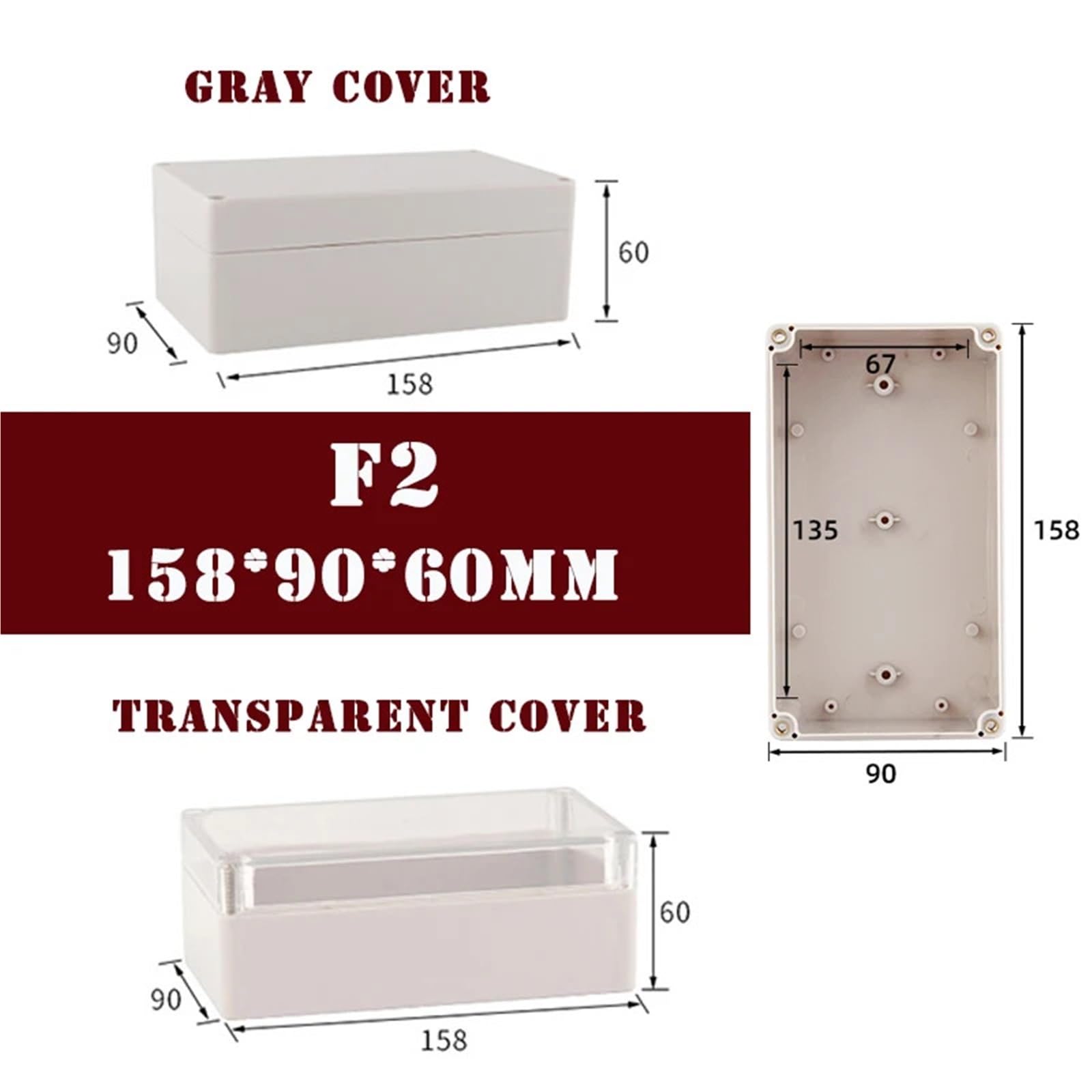 Wodoszczelna puszka przyłączeniowa typu F, wymiary 158 x 90 x 60 mm, z materiału ABS, wodoszczelna zgodnie z IP67 (przezroczysta pokrywa)