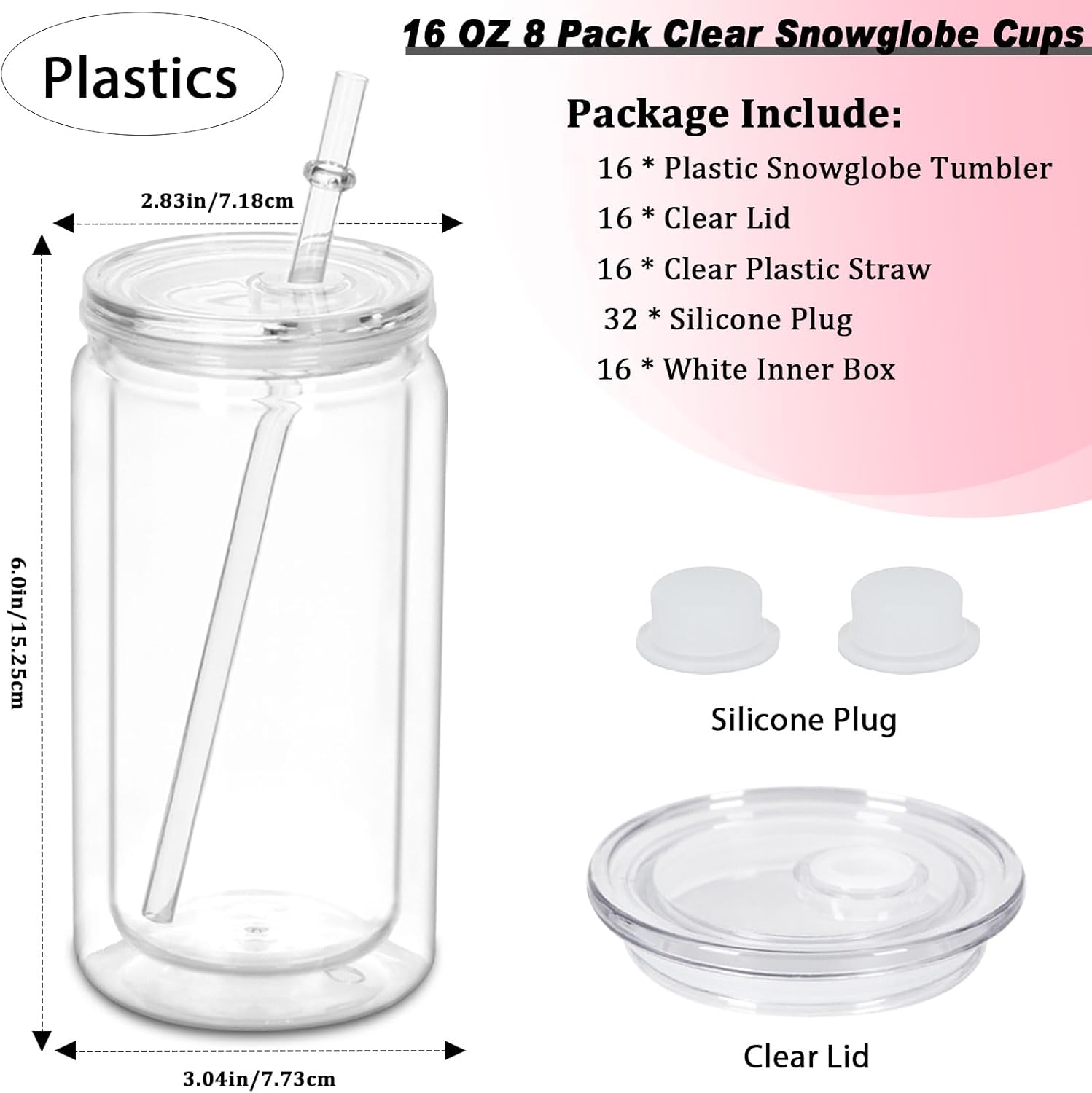 16 oz Plastic Snow Globe Tumbler, 16 Pack Double Wall Snowglobe Tumbler with Pre Drilled Hole, Plastic Mason Jar Cups Can for Snow Globe Glitter DIY (Clear)