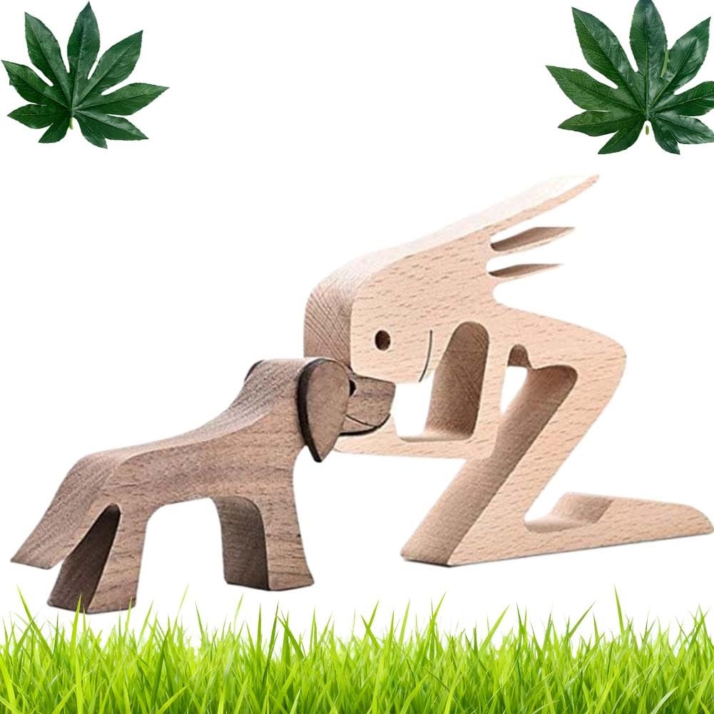 Loalio O Loali Handmade Pawfect Carving, Wooden Pet Carvings Model, Hand Carved Dog Human Statue Figurine Sculpture, Whimsical Statues, Home Decor Friendship Gifts For Pet Lovers(O)