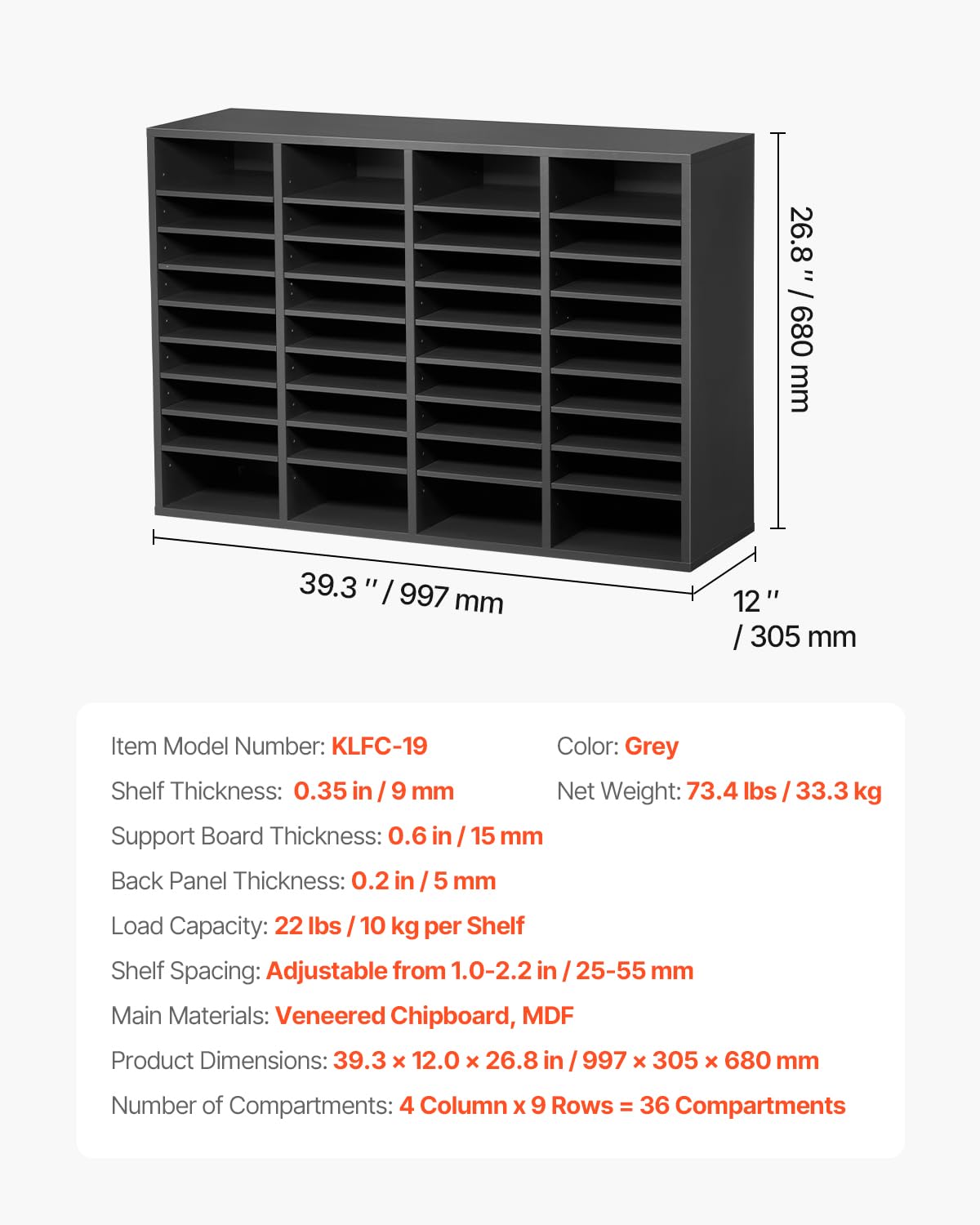 VEVOR Organizador de Literatura 997 x 305 x 680 mm, Clasificador de Madera de Oficina de 36 Compartimentos con Estantes Ajustables, para Almacenamiento para Archivos, Documentos, Papeles, Gris