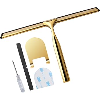 Gold Stainless Steel Shower Squeegee Squeegee Shower with 1 Metal Hook and 2 Rubber Blades for Shower Doors Bathroom Surfaces Windows & Car Windscreen Cleaning