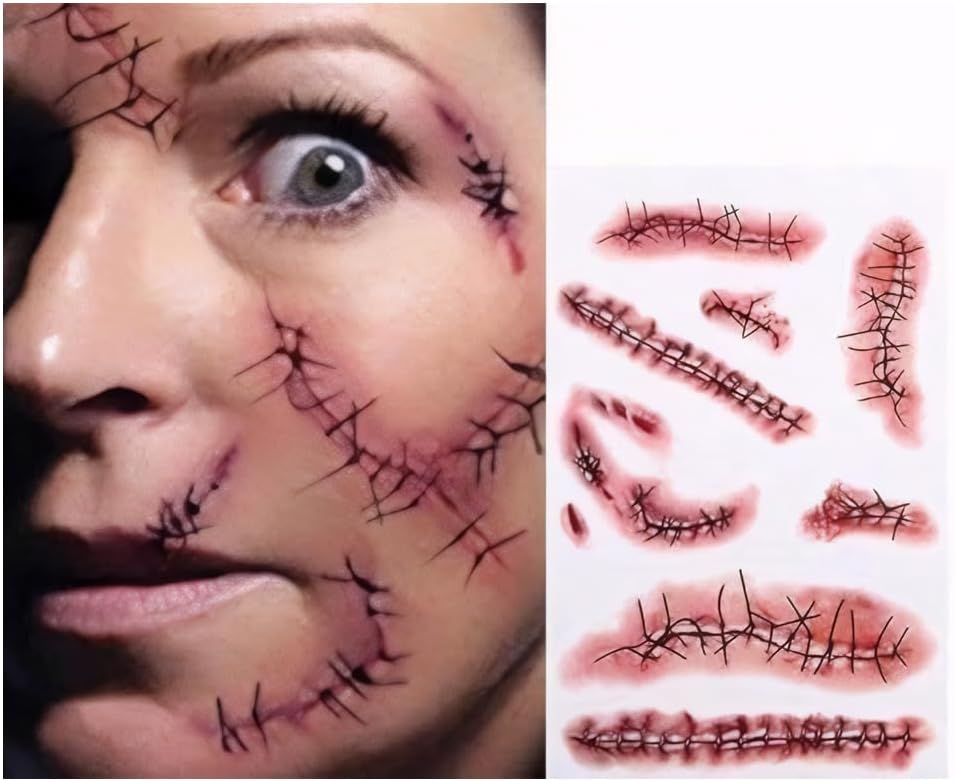 Tinuos Horror Realistic Fake Bloody Wound Stitch Scar Scab Waterproof Temporary Tattoo Sticker Halloween Masquerade Prank Makeup Props-5PC 5PCs