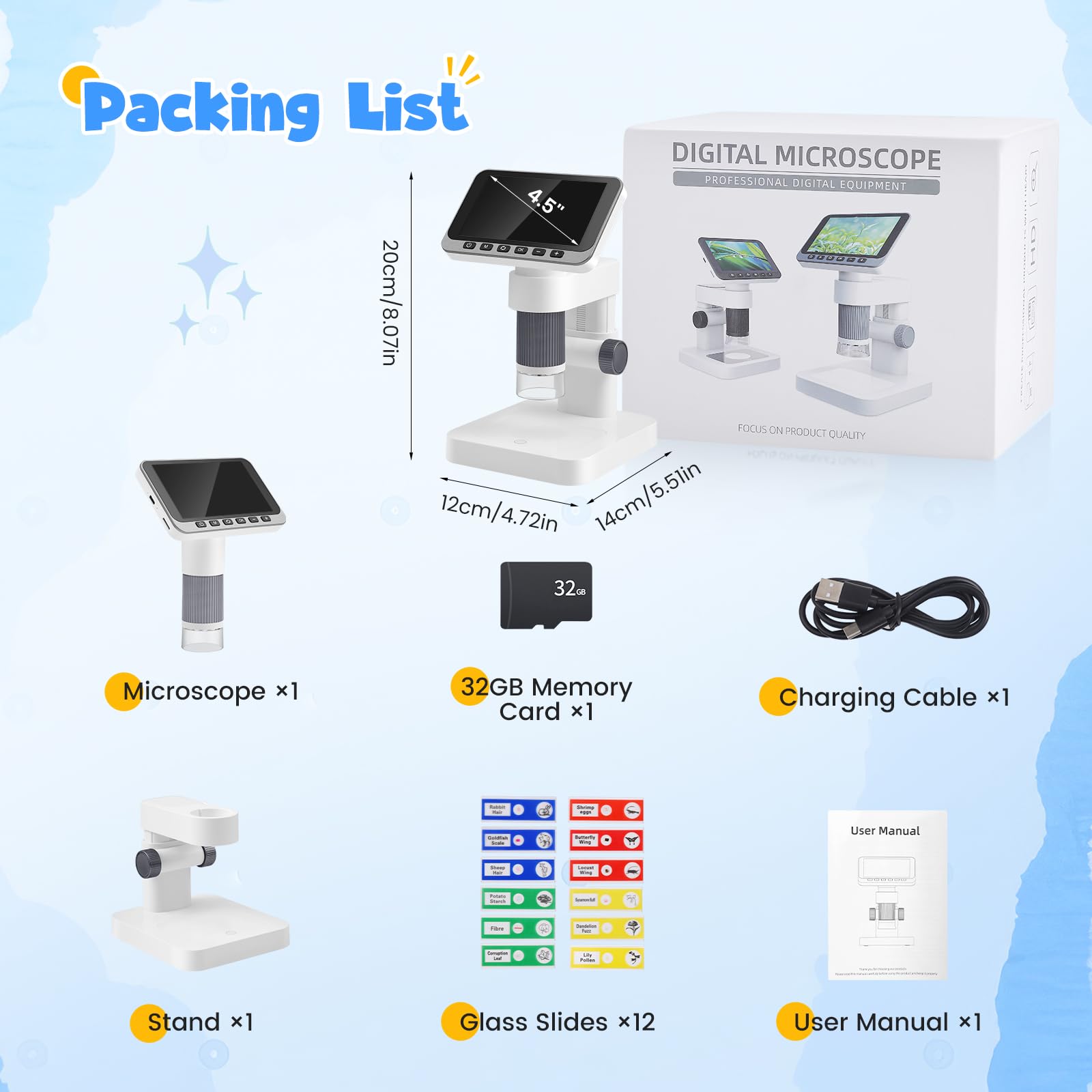 Microscopio digital para niños de 5 a 1000 x, pantalla IPS de 4,5 pulgadas, 1080P, microscopio portátil de mano con tarjeta de 32 GB, foto y vídeo, conexión de PC para escuela naturaleza