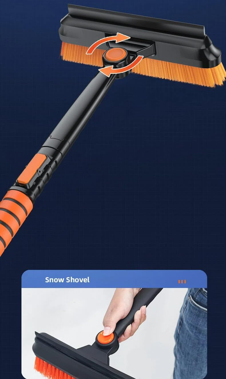5-in-1 Car Snow Brush Ice Scraper Extendable Retractable Handle Rotating Head Silicone Squeegee Winter Auto Snow Removal Tool Orange for Windshield Windows Detachable Easy Storage