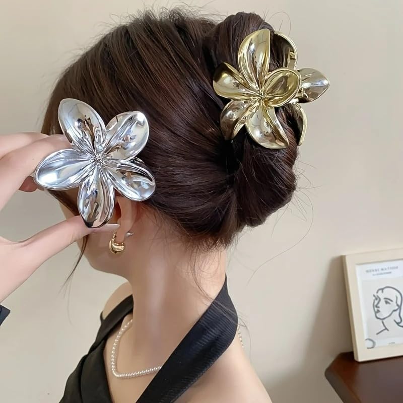 2Pcs Elegant Acrylic Floral Hair Claw Set, Large Flower-Shaped Hair Clips, Solid Color, Minimalist Hair Accessories for Teens and Adults (Gold & Ivory)