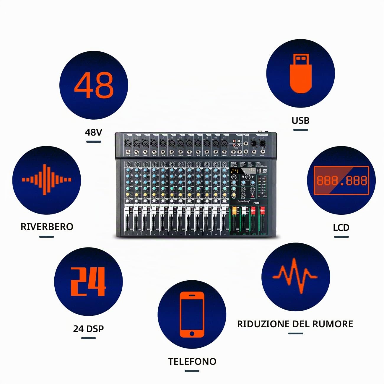 Depusheng FG12 - Mixer audio professionale a 12 canali per la registrazione del computer, interfaccia controller audio, mixer da studio 24 DSP integrato con alimentazione phantom da 48 V,Bluetooth