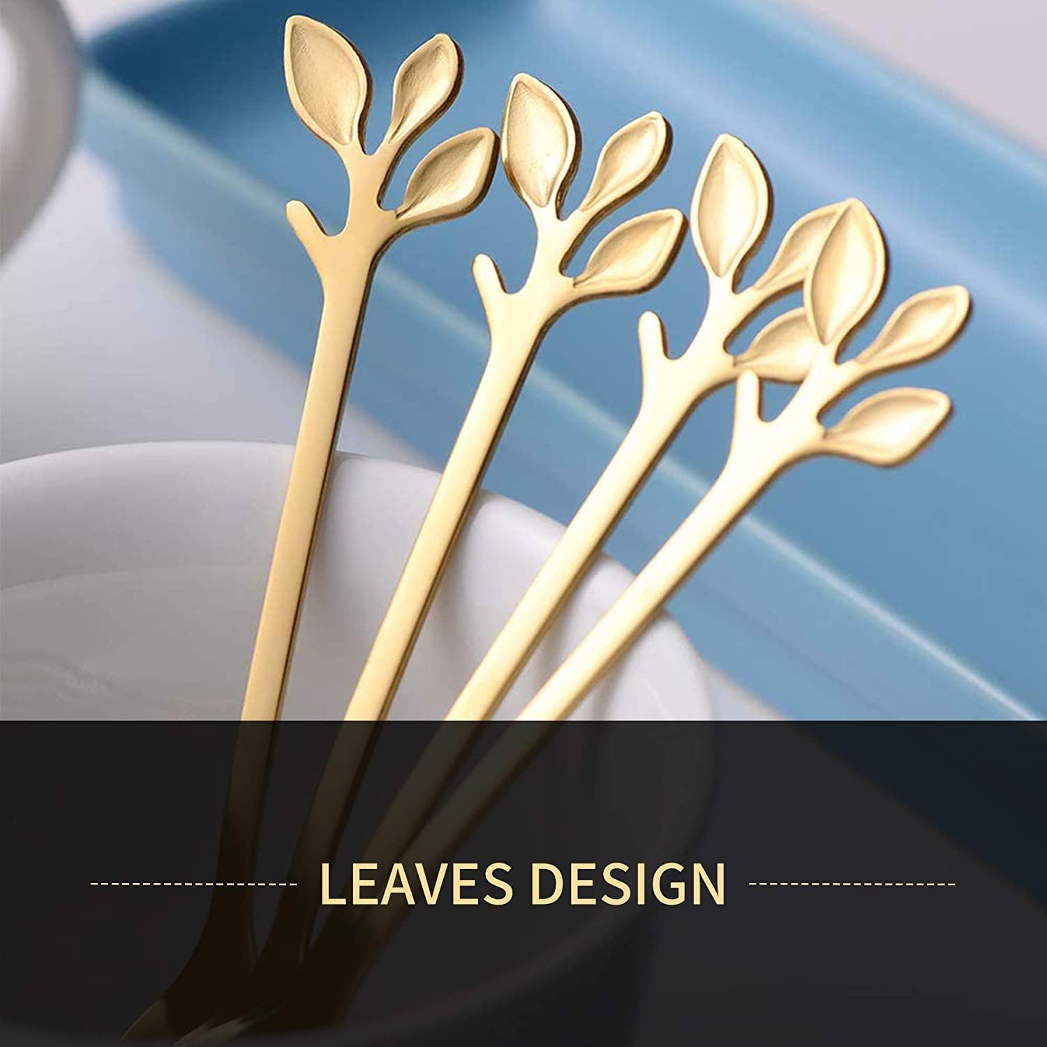 Comicfs 16 Pcs Stainless Steel Gold Leaf Creative Appetizer Cake Fruit Forks Set 4.7 Inches Tasting Dessert Forks Kitchen Accessory Wedding Party (16 Forks, Gold) — Amazon image 4