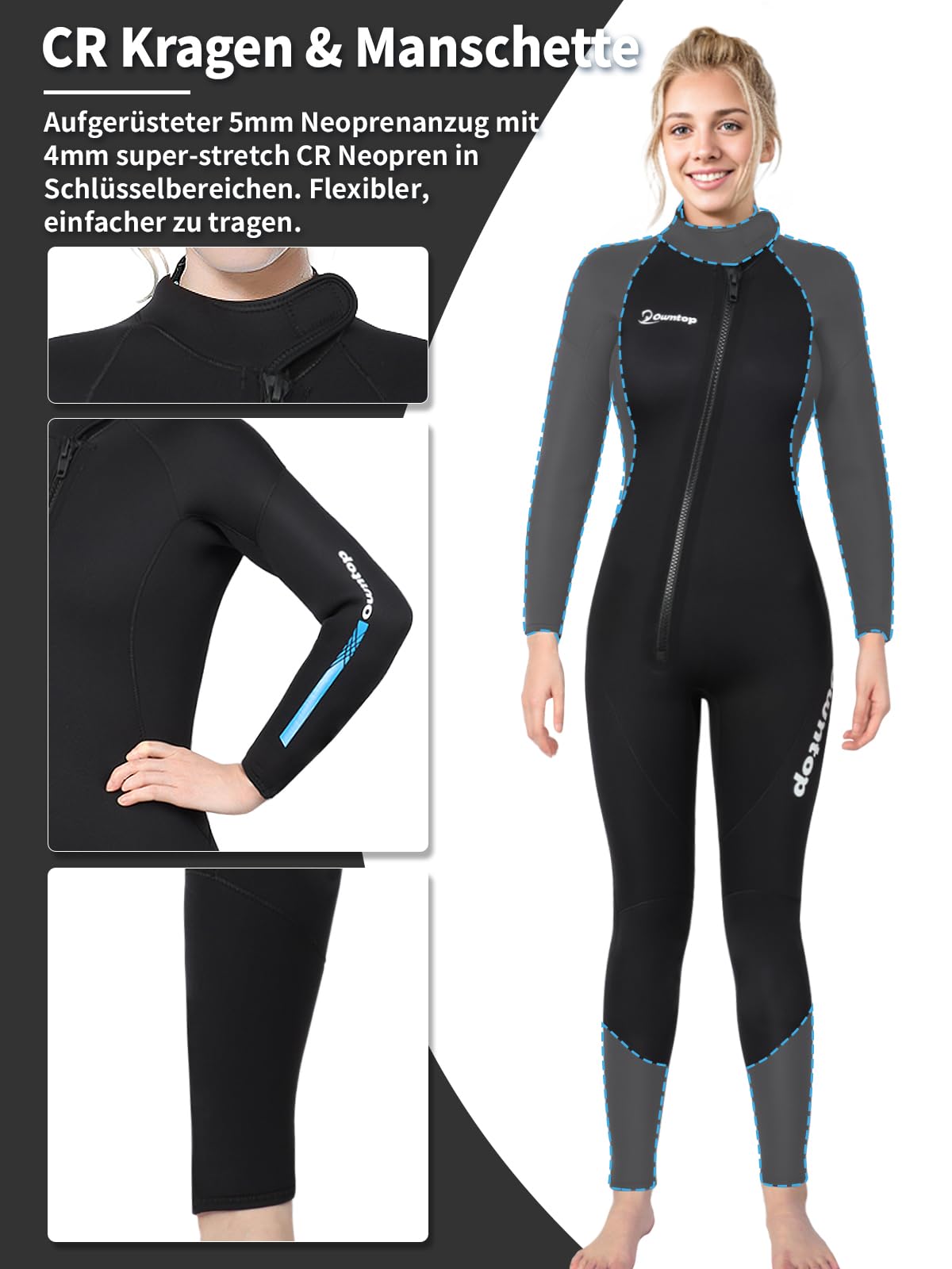 Owntop 5mm Neoprenanzug für Herren Damen– Neopren Tauchanzüge Stretch Langarm Einteilig Frontreißverschluss UPF50+ Thermisch Verdickende für Tauchen Surfen Schwimmen