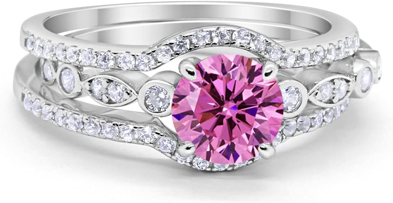 Blue Apple Co. Art Deco Trio Set Three Piece Bridal Set Ring Band Round Cubic Zirconia 925 Sterling Silver Wedding Engagement Promise Ring