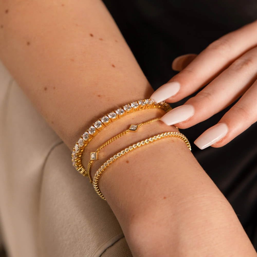 CAITLYNMINIMALIST 18K Gold-Plated & Rhodium-Plated Silver CZ Diamond Tennis Bracelet for Women – 3–4mm Dainty Stacking Box Clasp Bracelet (6–7 in)