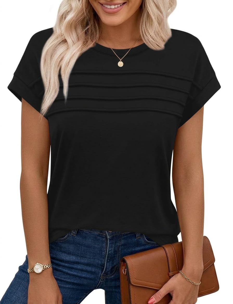 Chicrise Women's Black Vest Tops Uk Summer Pleated Cap Sleeve Tank Top Crew Neck Sleeveless Basic Casual T Shirt Small 8-10