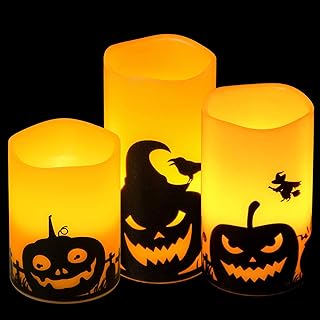 DRomance Pumpkin Flameless Candles Battery Operated with 6 Hour Timer, Set of 3 Real Wax LED Flickering Pillar Candles Spooky Halloween Decor Candle(3 x 4, 5, 6 Inches)