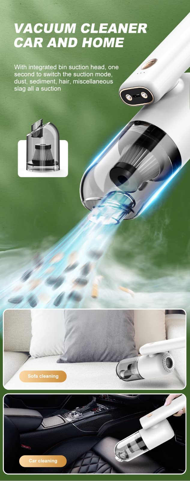 Socila Portable Vacuum Cleaner, Portable Car Vacuum with Flashlight and Accessories,180° Rotatable Handle for Car & Home 3 in 1 Cordless Vacuum, Blow Dust and Inflating (White)