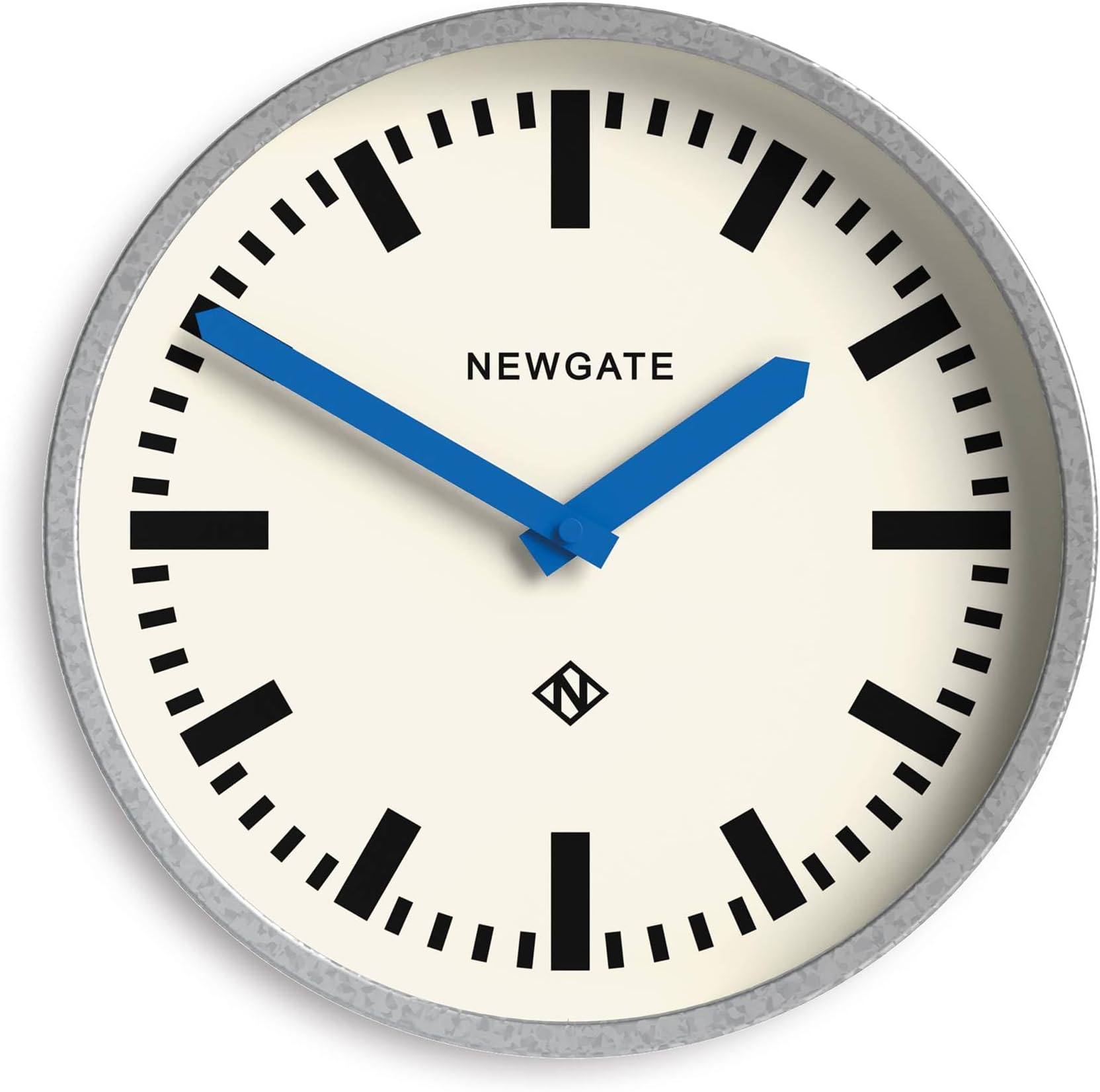 NEWGATE® Luggage wall clock | Modern retro metal station clock | 30cm | Deep galvanised metal case with blue hands | Contemporary vintage style for kitchen, living room or office