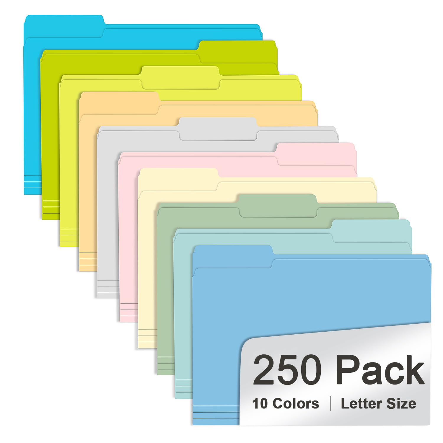 RAZCC - Carpeta de archivos, paquete de 250 carpetas de archivos de colores, tamaño carta, tamaño carta, carpetas de archivo con pestañas para oficina, escuela, negocios, 10 colores surtidos