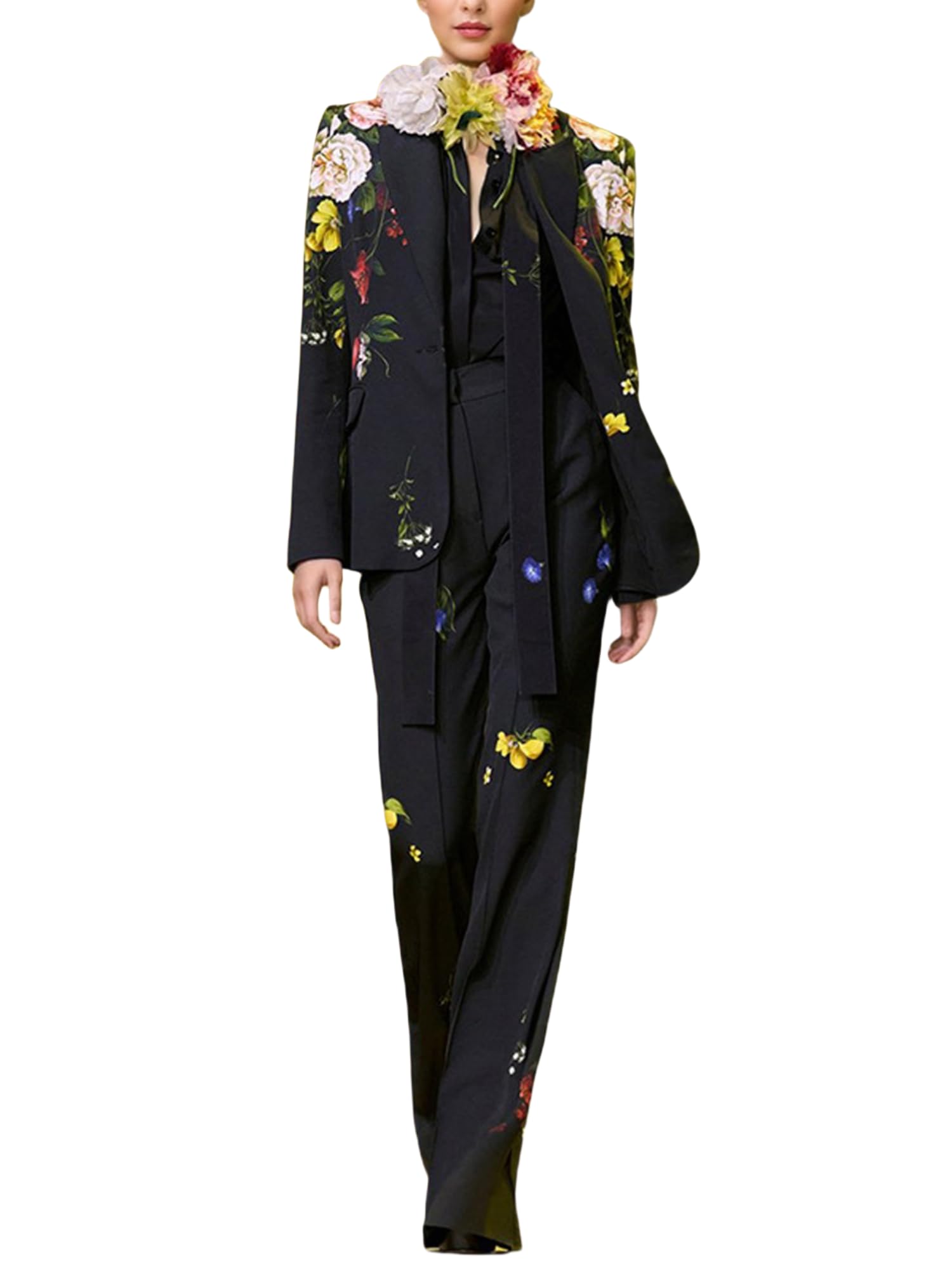 Womens Elegant Suit Flower Printed Single Button Blazer Coat High Waist Long Flare Pants Ladies Two Pieces Sets