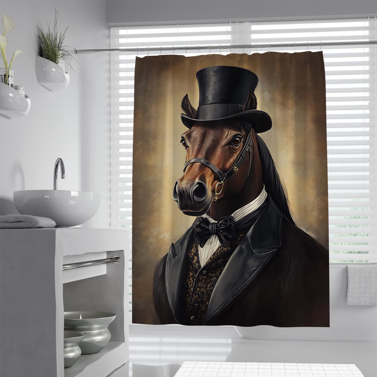 UIRINGART Retro Horse Bathroom Screen W90xL180cm Quick Dry Mold Resistant Gentleman Animal Tuxedo Portrait Fabric Shower Curtain With Hooks Washable Liners