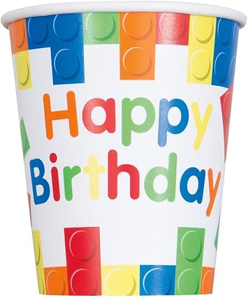 UNIQUE INDUSTRIES,IN Vibrant Building Blocks Birthday Paper Cups - 9 oz. Pack of 8 - Sturdy & Eco-Friendly Party Supplies - Perfect for LEGO-Themed Celebrations