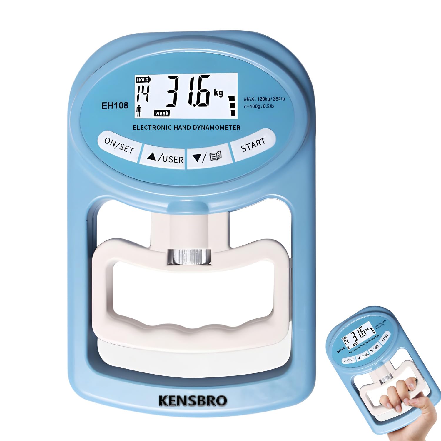 Cyfrowy miernik siły ręcznej 120 kg/264 lb, dynamometr cyfrowy, elektroniczny dynamometr ręczny, elektroniczny uchwyt, ekran LED, dynamometr z kablem USB do ładowania