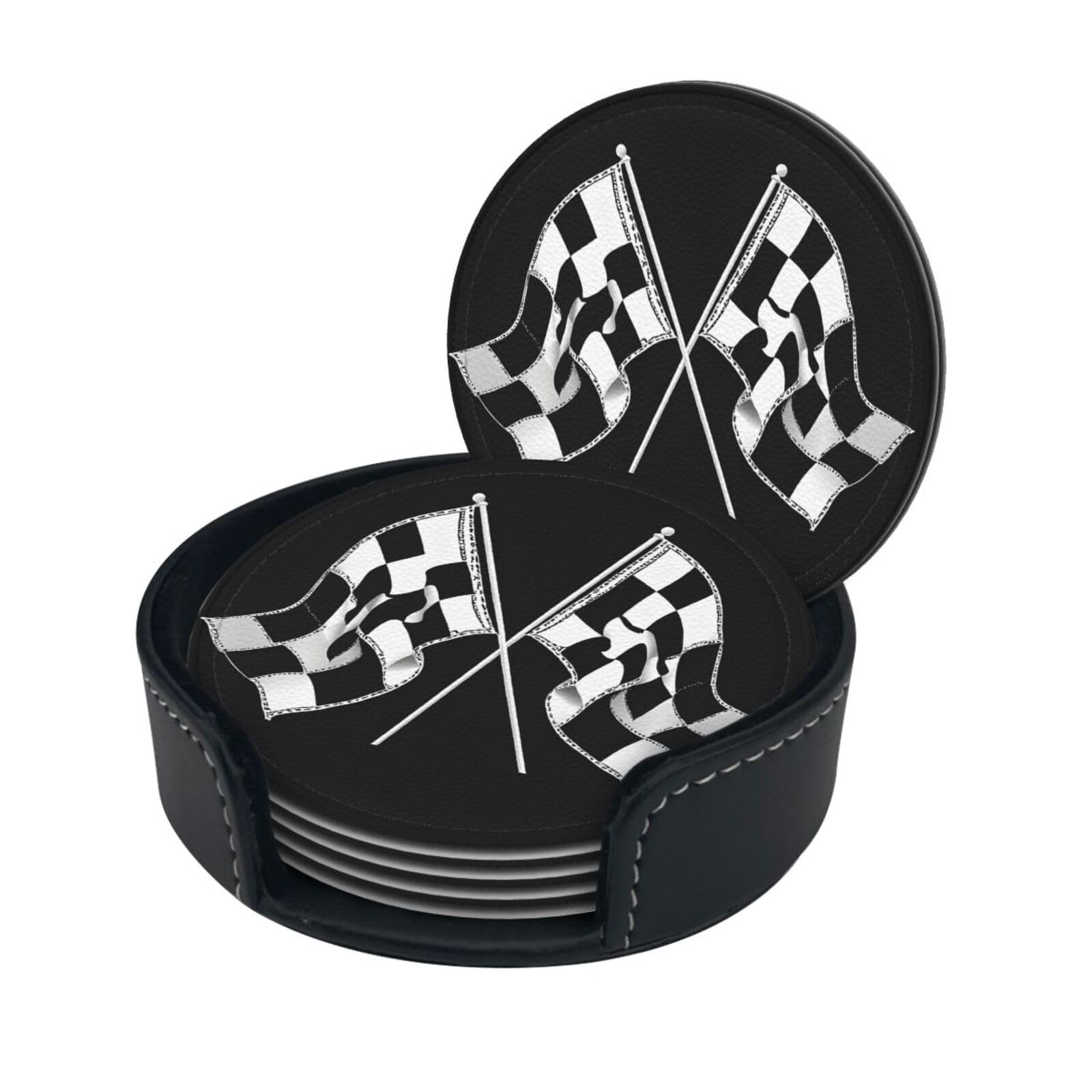 Black White Formula Checkered Flags Pattern Print Coaster,Round Leather Coasters with Storage Box for Wine Mugs,Cold Drinks and Cups Tabletop Protection (6 Piece)
