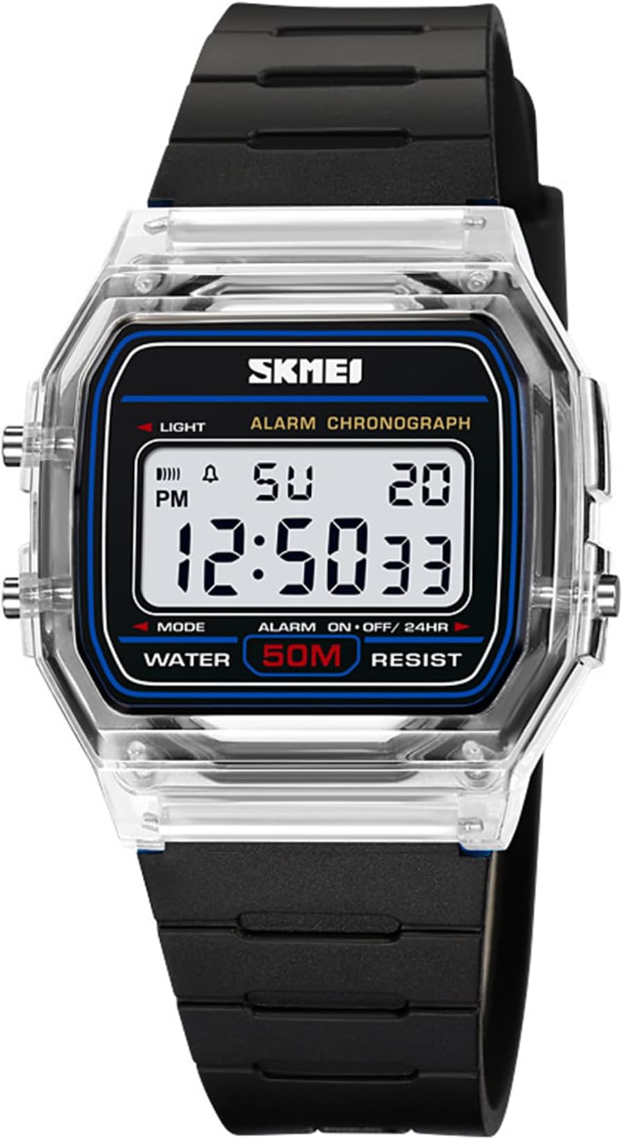 Unisex Digital Watch Women Men Multifunction Outdoor Sport Watches Casual Silicone Strap Stopwatch Alarm Countdown Dual Time 50M (Black)