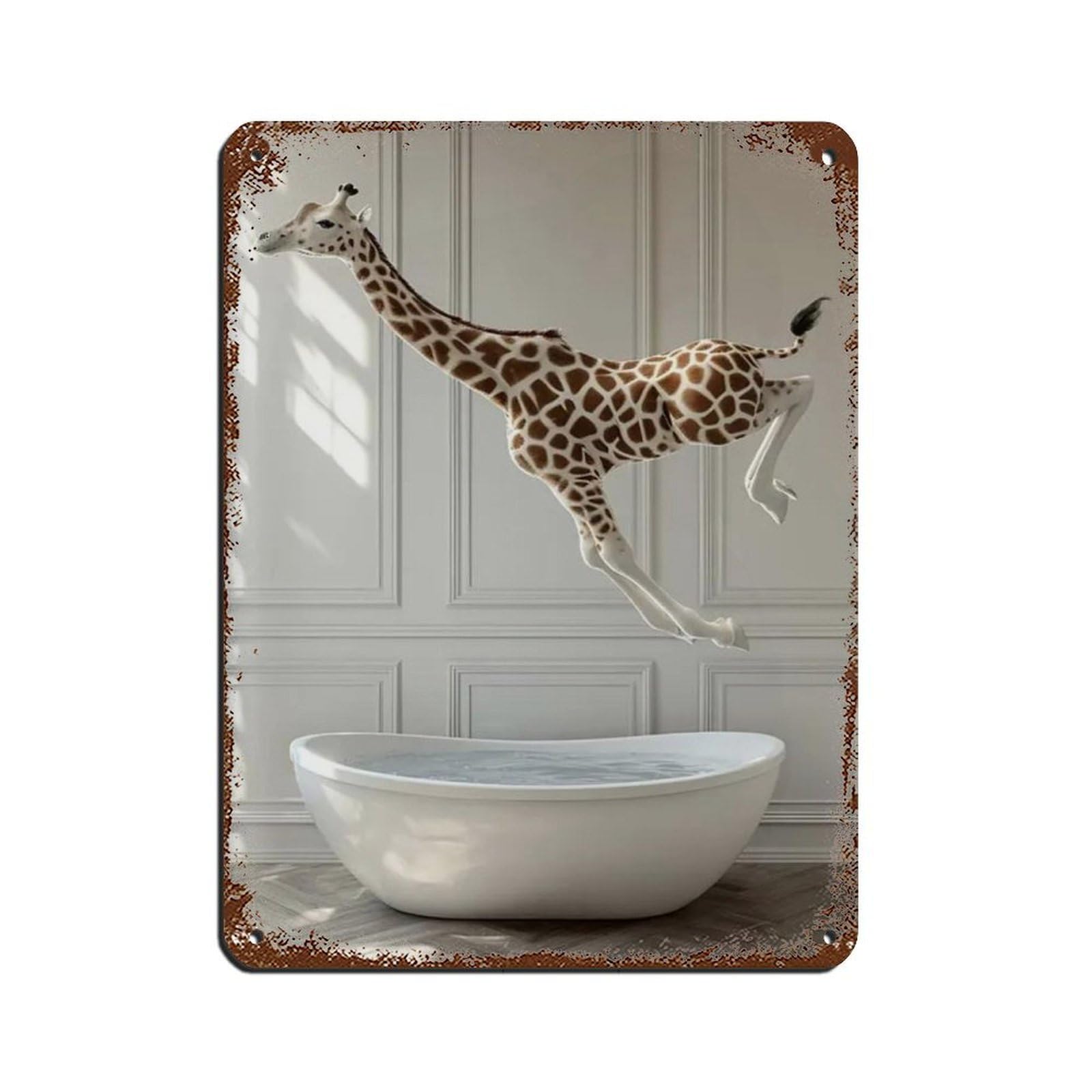 Giraffe Jumping Into Bathtub, Funny Bathroom Art Tin Sign Vintage Metal Pub Club Cafe Bar Home Wall Art Decoration Poster Retro 12x16inch(30x40cm)