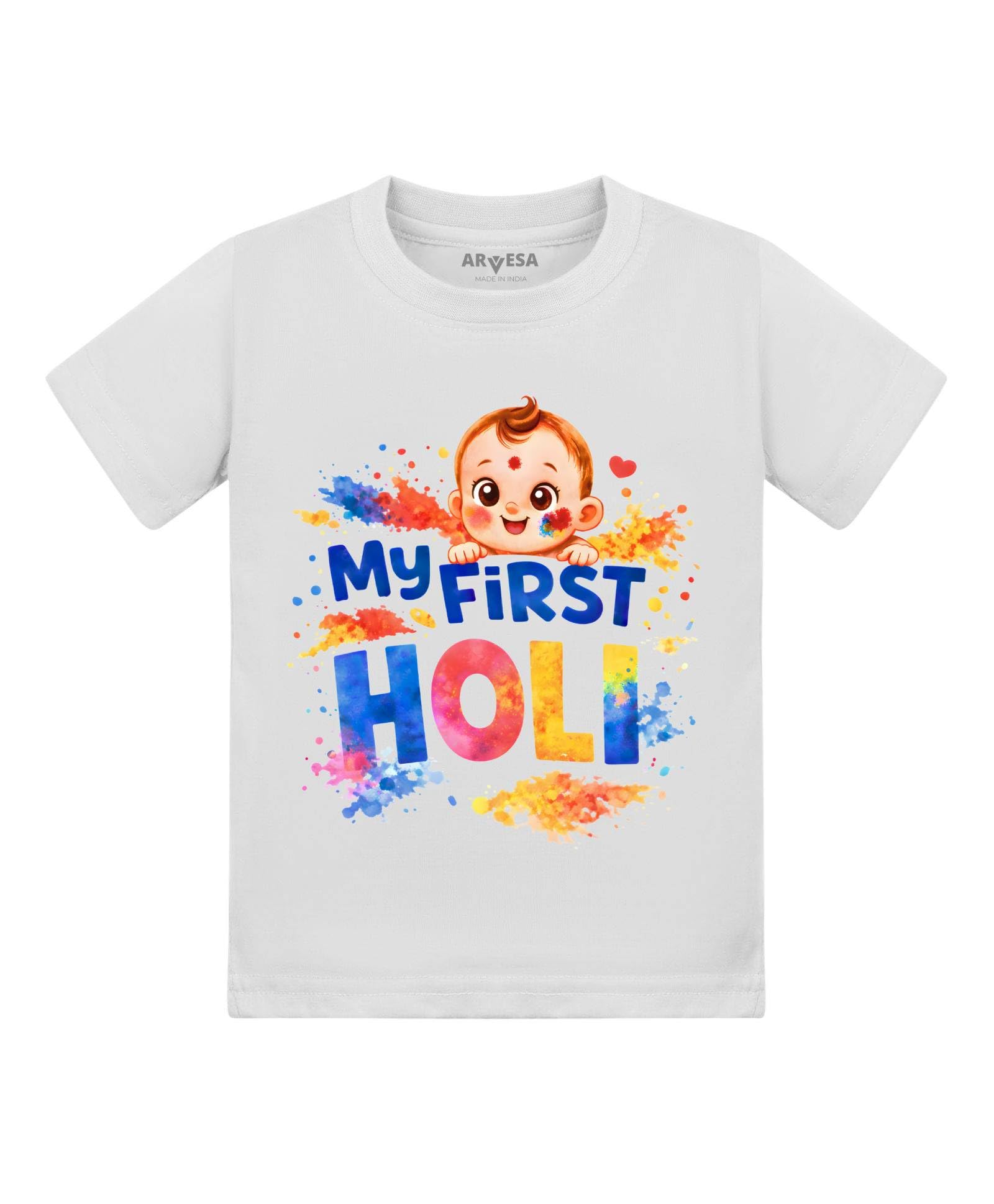 My First Holi Baby T Shirt for Baby Boy and Baby Girl White Cotton 0–24 Months Design No 2122 My First Holi-image-0