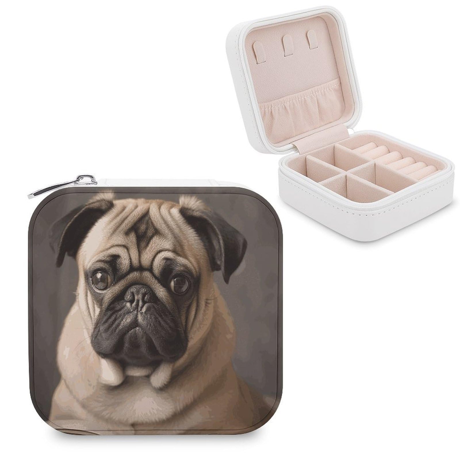 JTREHY Travel Animal Pug Dog Jewelry Case Portable Display Storage Box PU Leather Mini Jewelry Travel Case Personalized Travel Jewelry Organizer Small Jewelry Box for Women
