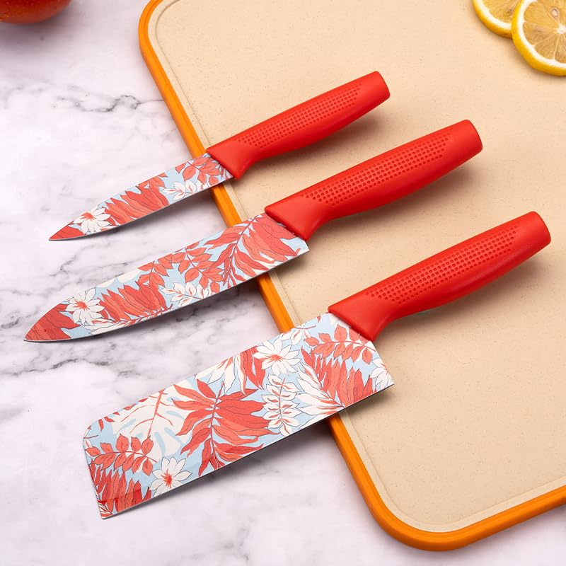 Knife Set for Kitchen ^ Professional 3 Pieces High Carbon Stainless Steel Colour Printed Coated Chef Knife I Utility Knife I Sontuku Knife I Kitchen Knives with Ergonomic Handle. (Leaf-Red)